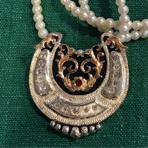 Silver Plate Retro Western Cowgirl Horseshoe Pendant + Triple Strand Faux Pearls